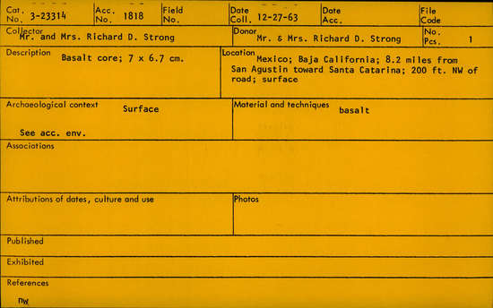 Documentation associated with Hearst Museum object titled Core, accession number 3-23314, described as Basalt core; 7 cm by 6.7 cm.