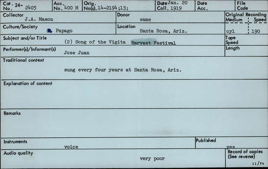 Documentation associated with Hearst Museum object titled Audio recording, accession number 24-2405, described as Song of the Vigita Harvest Festival #2