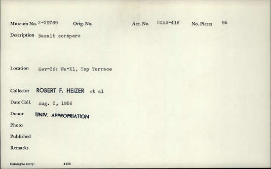 Documentation associated with Hearst Museum object titled Scrapers, accession number 2-29769, described as Basalt scrapers