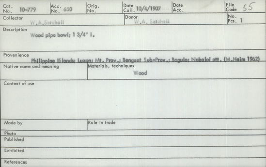 Documentation associated with Hearst Museum object titled Wood pipe bowl, accession number 10-779, described as Wood pipe bowl