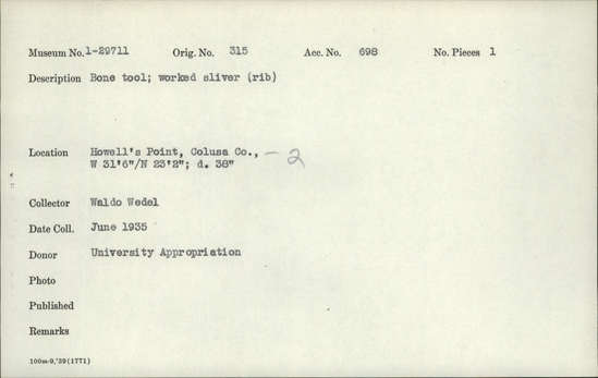 Documentation associated with Hearst Museum object titled Awl, accession number 1-29711, described as Bone, worked sliver (rib).