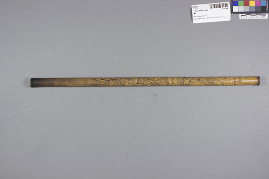 Hearst Museum object 2 of 2 titled Cane tobacco pipe, accession number 11-37546, described as Tobacco pipe, cane, with incised designs filled with black pigment, 45.1 cm long. Used for smoking.