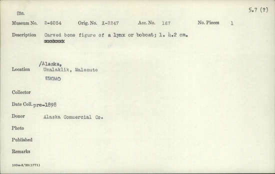 Documentation associated with Hearst Museum object titled Zoomorph, accession number 2-6054, described as Carved bone figure of a lynx or bobcat.