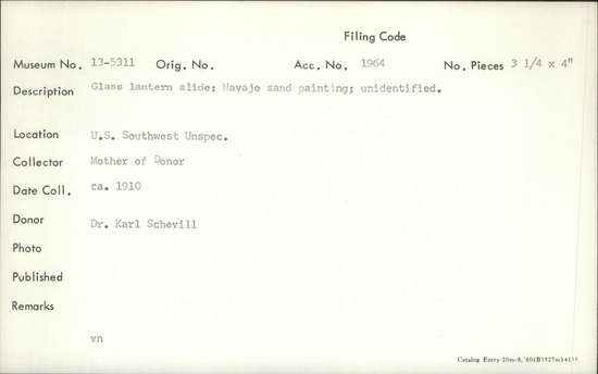 Documentation associated with Hearst Museum object titled Glass lantern slide, accession number 13-5311, described as Glass lantern slide; Navajo sand painting; unidentified