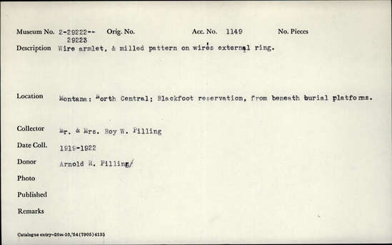 Documentation associated with Hearst Museum object titled Armlet, accession number 2-29223, described as Wire, with milled pattern on wire's external ring.