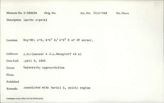 Documentation associated with Hearst Museum object titled Crystal, accession number 1-166424, described as Quartz crystal.