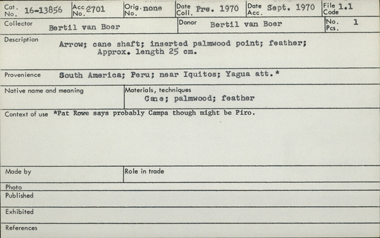 Documentation associated with Hearst Museum object titled Arrow, accession number 16-13856, no description available.