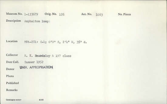 Documentation associated with Hearst Museum object titled Asphaltum, accession number 1-133679, described as Lump asphaltum.