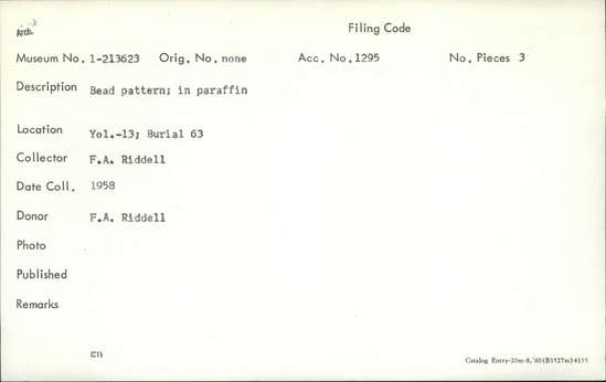 Documentation associated with Hearst Museum object titled Bead pattern, accession number 1-213623, described as In paraffin.