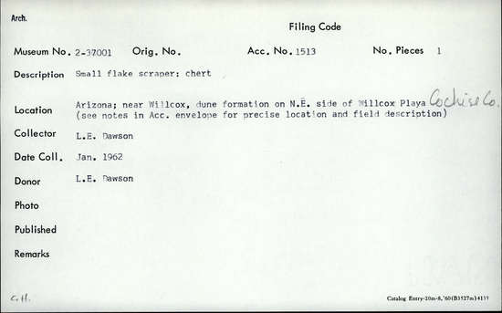 Documentation associated with Hearst Museum object titled Flake, accession number 2-37001, described as Small flake scraper; chert