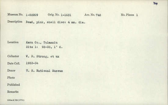 Documentation associated with Hearst Museum object titled Bead, accession number 1-52209, described as Pink, shell disc.