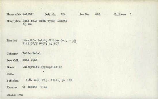Documentation associated with Hearst Museum object titled Awl, accession number 1-29571, described as Bone; ulna type.  Coyote ulna Gifford Bone Type A1aII. Bone artifact; mammal omer.
