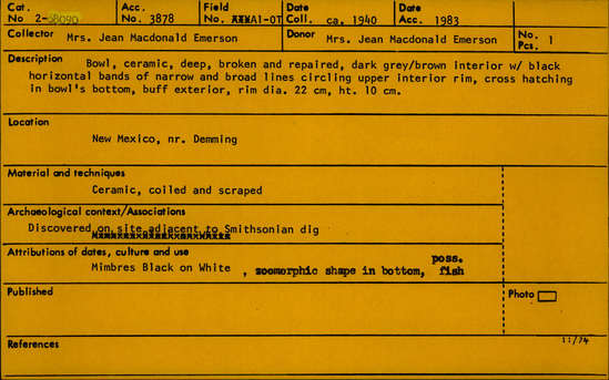 Documentation associated with Hearst Museum object titled Bowl, accession number 2-68090, described as Mimbres bowl