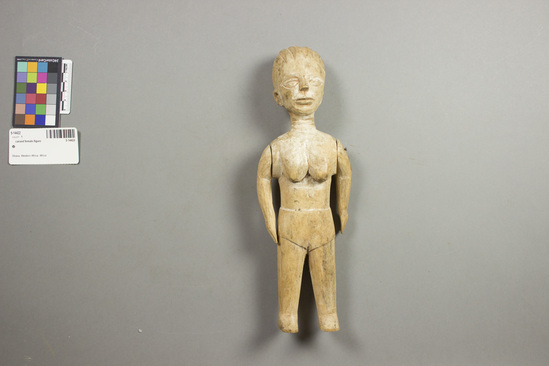 Hearst Museum object titled Carved female figure, accession number 5-14422, described as Doll; female, all wood carved, including features. Hands slightly carved, wth arms attached to body by nails, so the swing freely. Wearing carved underpants. Height 29.4 cm.