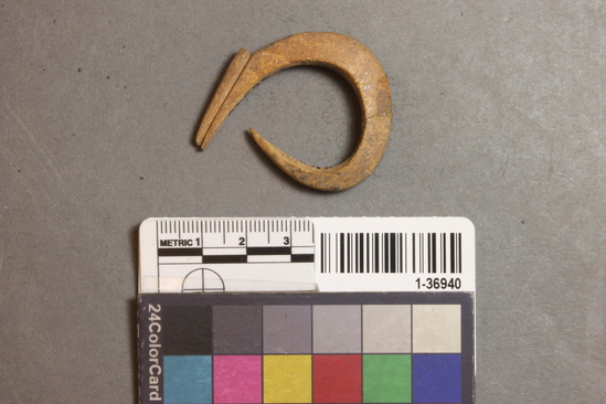 Hearst Museum object titled Fishhook, accession number 1-36940, described as Bone, broken. Gifford Bone type X.  Bone artifact; unidentified.