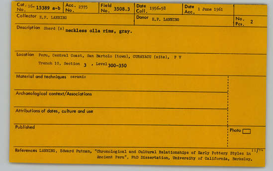 Documentation associated with Hearst Museum object titled Olla, accession number 16-15389, described as Sherd(s) neckless olla rims: gray.