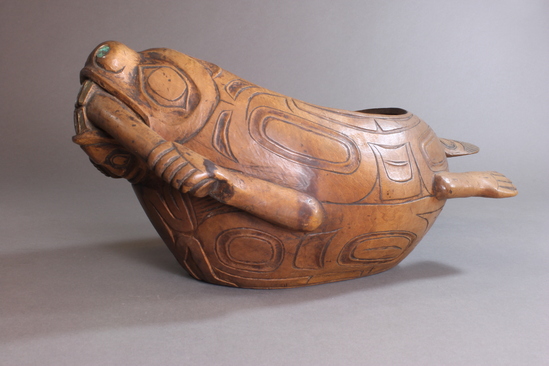 Hearst Museum object 8 of 9 titled Bowl, accession number 2-19087, described as Carved, wooden, in form of beaver, abalone inlay, yellow cedar.