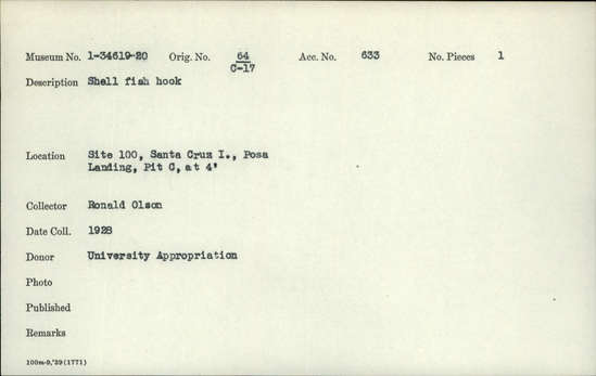 Documentation associated with Hearst Museum object titled Fishhook, accession number 1-34619, described as Made of shell.