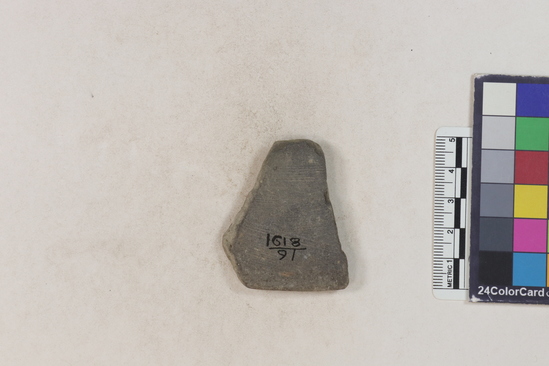 Hearst Museum object 38 of 160 titled Potsherd, accession number 16-8191, described as Potsherd: rims Section of Manta on beach currently inhabited. Numbers  8111 to 8194 are sherds picked up on beach at low tide.