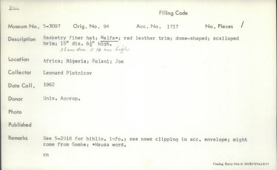 Documentation associated with Hearst Museum object titled Basketry hat, accession number 5-3097, described as Basketry fiber hat; Malfa; red leather trim; done-shaped; scalloped brim; 15 inches diameter; 6.25 inches high.
