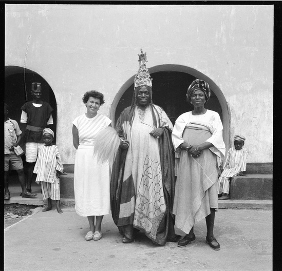 Hearst Museum object titled Black-and-white negative, accession number 15-31347, described as Black-and-white negative, Nigeria, Oshogbo, Ataojo (king), with wife and Berta, 1951