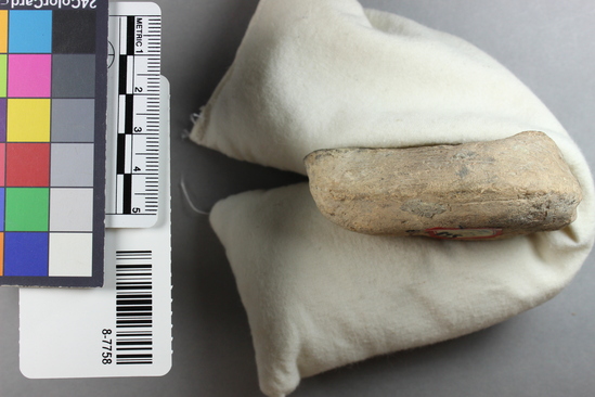 Hearst Museum object 3 of 8 titled Oil lamp, accession number 8-7758, described as Oil lamp; pottery; buff; single spout; handle broken off; ornamented rim