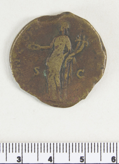 Hearst Museum object 3 of 9 titled Coin: æ sestertius, accession number 8-6478, described as Coin: Sestertius; Æ; Faustina (Faustina I, wife of Antoninus Pius) Ru. Concordia C.154, Varient. - 13.2 gm. Broken flan.