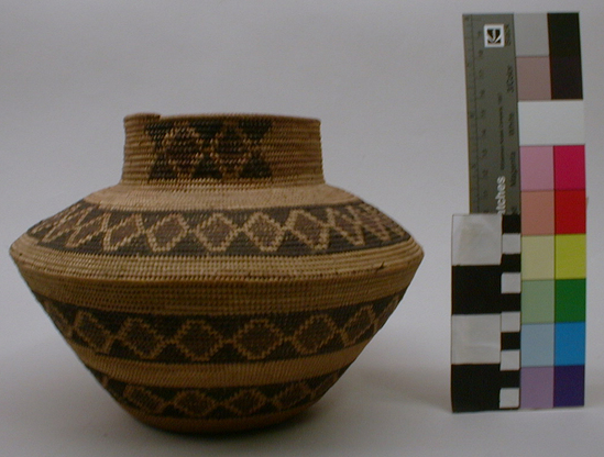 Hearst Museum object 2 of 3 titled Basket, accession number 1-230678, described as 2 rattlesnake bands on body, one on shoulder (red diamond, outlined in straw-colored ground on encircling black band); coiled, necked, jar-shaped. Minute traces of feathers; 2 areas of red diamonds and black triangles on neck. Made of redbud and bracken fern.