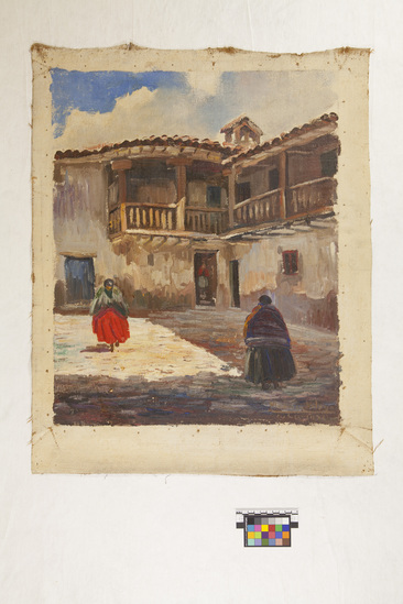 Hearst Museum object titled Painting, accession number 17-688, described as Plaza scene, two storied colonial-style building with balcony and tiled roof. Two figures of women crossing plaza.