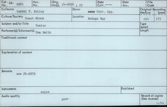 Documentation associated with Hearst Museum object titled Audio recording, accession number 24-2985, described as Yomizo