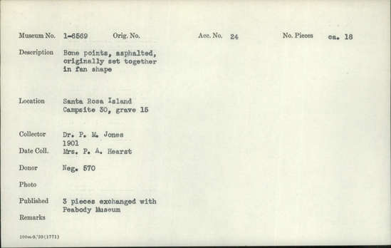 Documentation associated with Hearst Museum object titled Points, accession number 1-6569, described as Bone points, asphalted, originally set together in fan shape.
