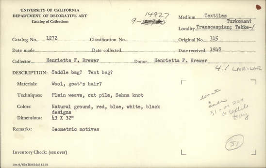 Documentation associated with Hearst Museum object titled Rug, accession number 9-14927, described as Tent bag; unstitched. Wool (goat's hair?). Plain weave, cut pile, Sehna knot. Geometric motives. Natural ground with red, blue, white and black designs. 84 x 110 cm.