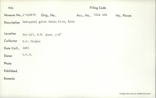 Documentation associated with Hearst Museum object titled Bead, accession number 1-216676, described as Hexagonal glass trade bead, blue.