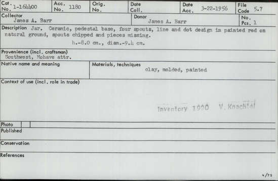 Documentation associated with Hearst Museum object titled Jar, accession number 1-164400, described as Ceramic, pedestal base, four spouts, line and dot design in painted red on natural ground, spouts chipped and pieces missing.  Clay, molded.