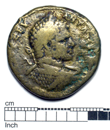 Hearst Museum object titled Coin: æ sestertius, accession number 8-6185, described as Coin; Æ; Sestertius; Rome. Caracalla, 213-214 AD. 21.26 grams, 29 mm. Obverse: M. AUR. ANTONIVS PIVS FELIX AVG, Bust facing right, laureate. Reverse: PROVIDENTIAE.