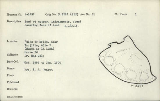 Documentation associated with Hearst Museum object titled Bowl fragments, accession number 4-3297, described as Bowl of copper, in fragments, found covering face of dead