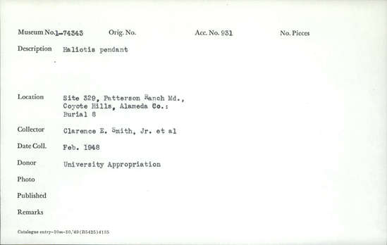 Documentation associated with Hearst Museum object titled Pendant, accession number 1-74343, described as Haliotis pendant Notice: Image restricted due to its potentially sensitive nature. Contact Museum to request access.
