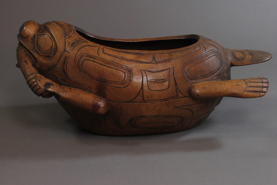 Hearst Museum object 4 of 9 titled Bowl, accession number 2-19087, described as Carved, wooden, in form of beaver, abalone inlay, yellow cedar.