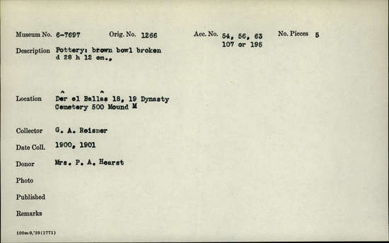 Documentation associated with Hearst Museum object titled Broken bowl, accession number 6-7697, described as Pottery, brown bowl, broken; diameter 28 cm, height 12 cm