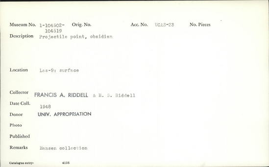 Documentation associated with Hearst Museum object titled Projectile point, accession number 1-104512, described as Obsidian.