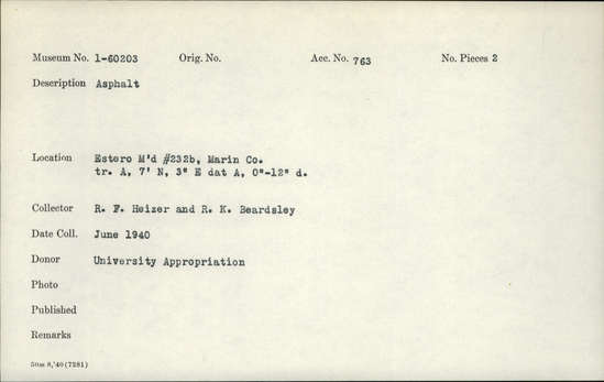 Documentation associated with Hearst Museum object titled Asphalt, accession number 1-60203, described as Asphalt Notice: Image restricted due to its potentially sensitive nature. Contact Museum to request access.