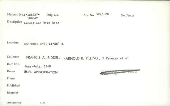 Documentation associated with Hearst Museum object titled Faunal remains, accession number 1-106237, described as Mammal and bird.