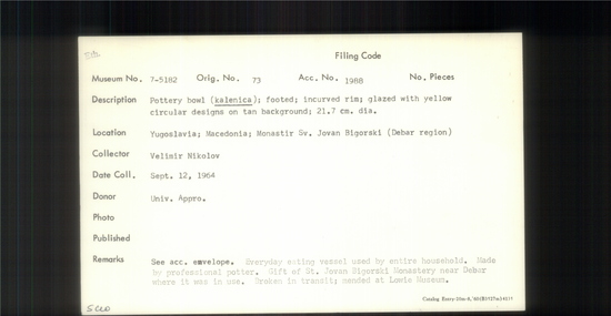 Documentation associated with Hearst Museum object titled Bowl, accession number 7-5182, described as Pottery bowl (kalenica); footed; incurved rim; glazed with yellow circular designs on tan background; 21.7 cm diameter