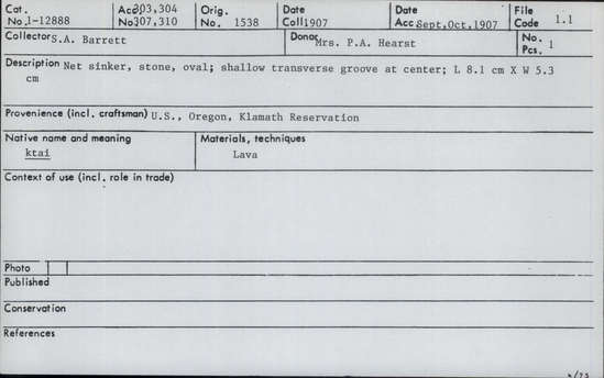 Documentation associated with Hearst Museum object titled Sinker (fishing), accession number 1-12888, described as Net sinker, slightly grooved (ktai).