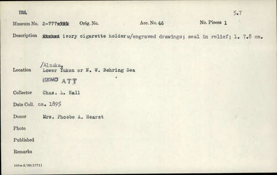 Documentation associated with Hearst Museum object titled Cigarette holder, accession number 2-777, described as Made of ivory, with engraved drawings.  Seal in relief.