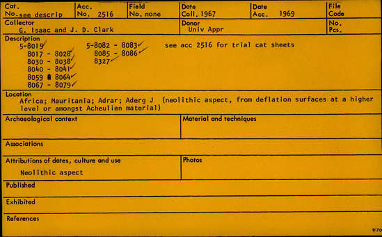 Documentation associated with Hearst Museum object titled Flake, accession number 5-8027, described as prismatic flake; high; very convex back; L 10.4cm