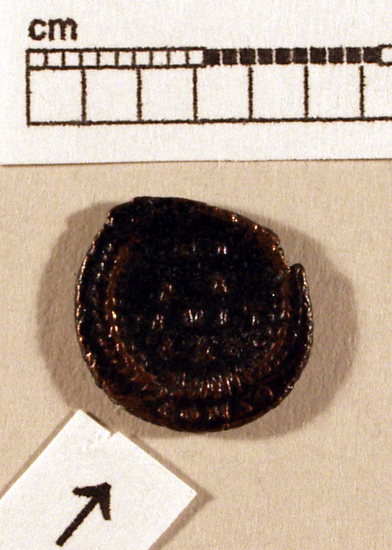 Hearst Museum object 2 of 9 titled Coin: æ 4, accession number 8-6920, described as Coin: Aes Folles; Constantius II; Æ; size: 15 mm; weight: 1.5 grams; condition: fair. Obverse: head turned right, with double pearl diadem; inscription: DN CONSTAN ..... Reverse: wreath with inscription, VOT/X X/MULT/XXX; in exergue, CONS[untranscribable symbol].