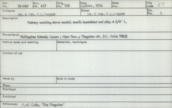 Documentation associated with Hearst Museum object titled Stove model, accession number 10-760, described as Pottery cooking stove model; small; burnished red slip