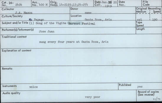 Documentation associated with Hearst Museum object titled Audio recording, accession number 24-2404, described as Song of the Vigita Harvest Festival #1