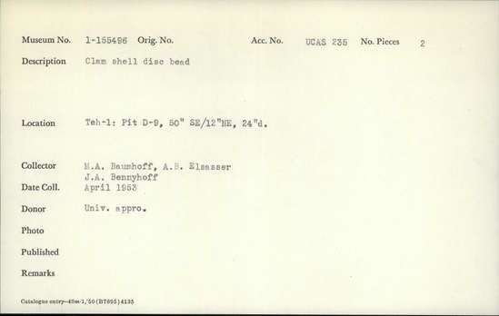 Documentation associated with Hearst Museum object titled Beads, accession number 1-155496, described as Clam shell disc.